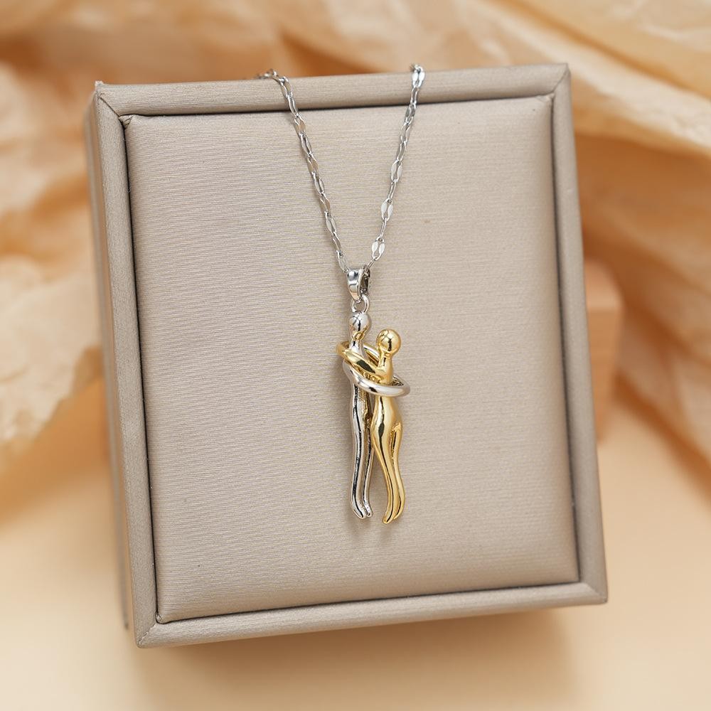 Stainless Steel Couple Hugging Necklace Pendant Gold Silver Love Chain Gift 2Pcs