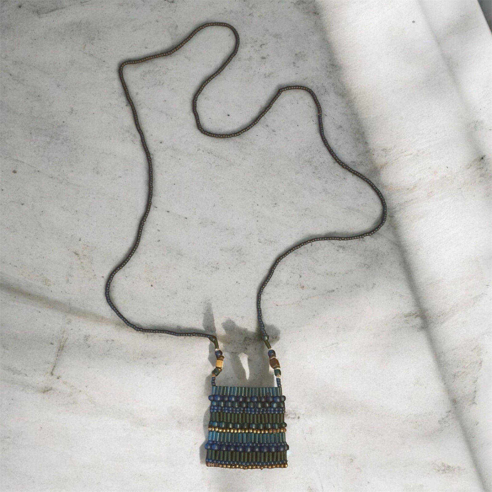 Handmade Blue Beaded Necklace Square Pouch Style Artisan Bohemian