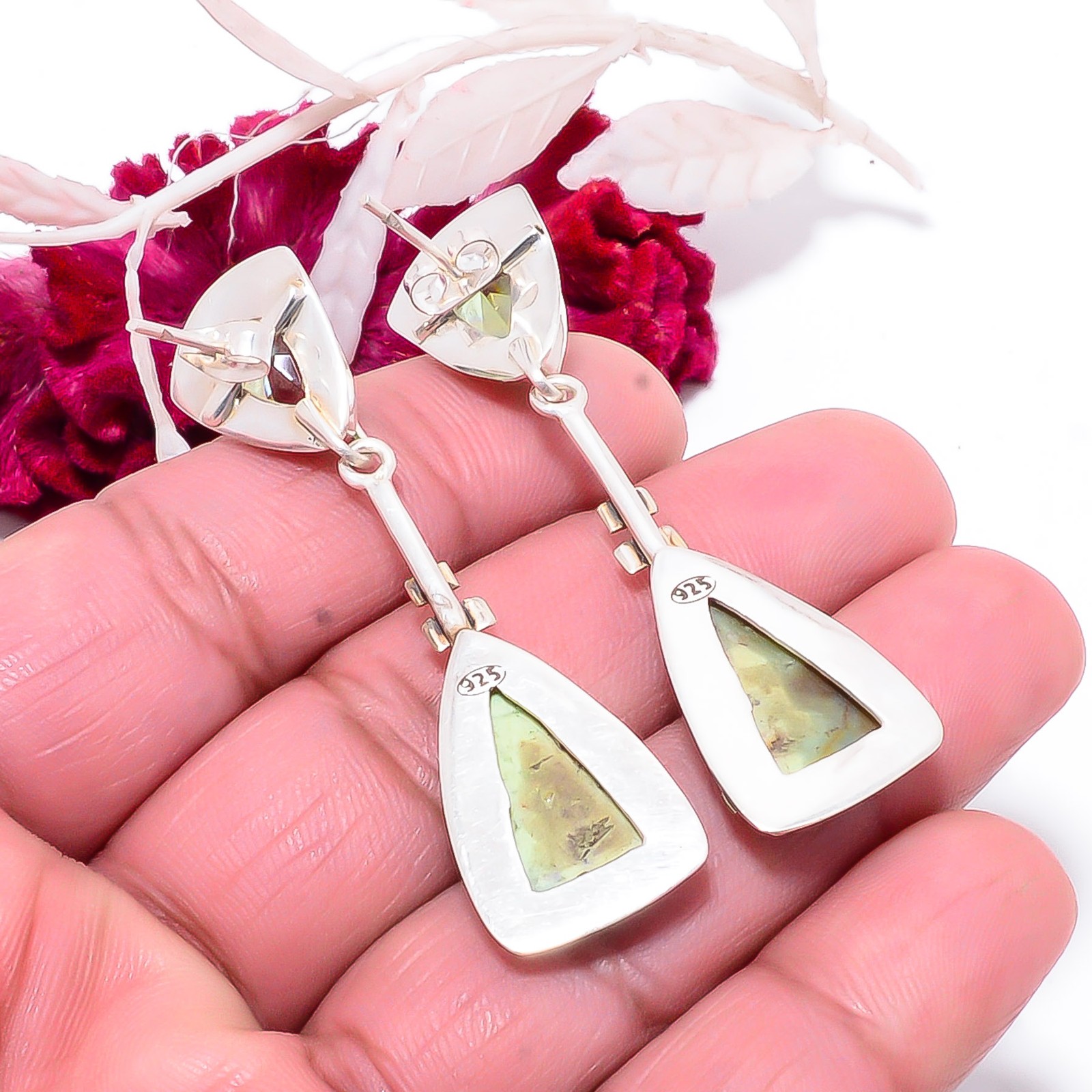 Chrome Chalcedony & Green Amethyst 925 Silver Earring 2.34″ E8391