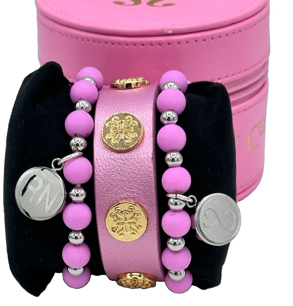 Rustic Cuff 3 Pc Pink Bracelet Stack Leather Cuff RN Infinity Heart Charms