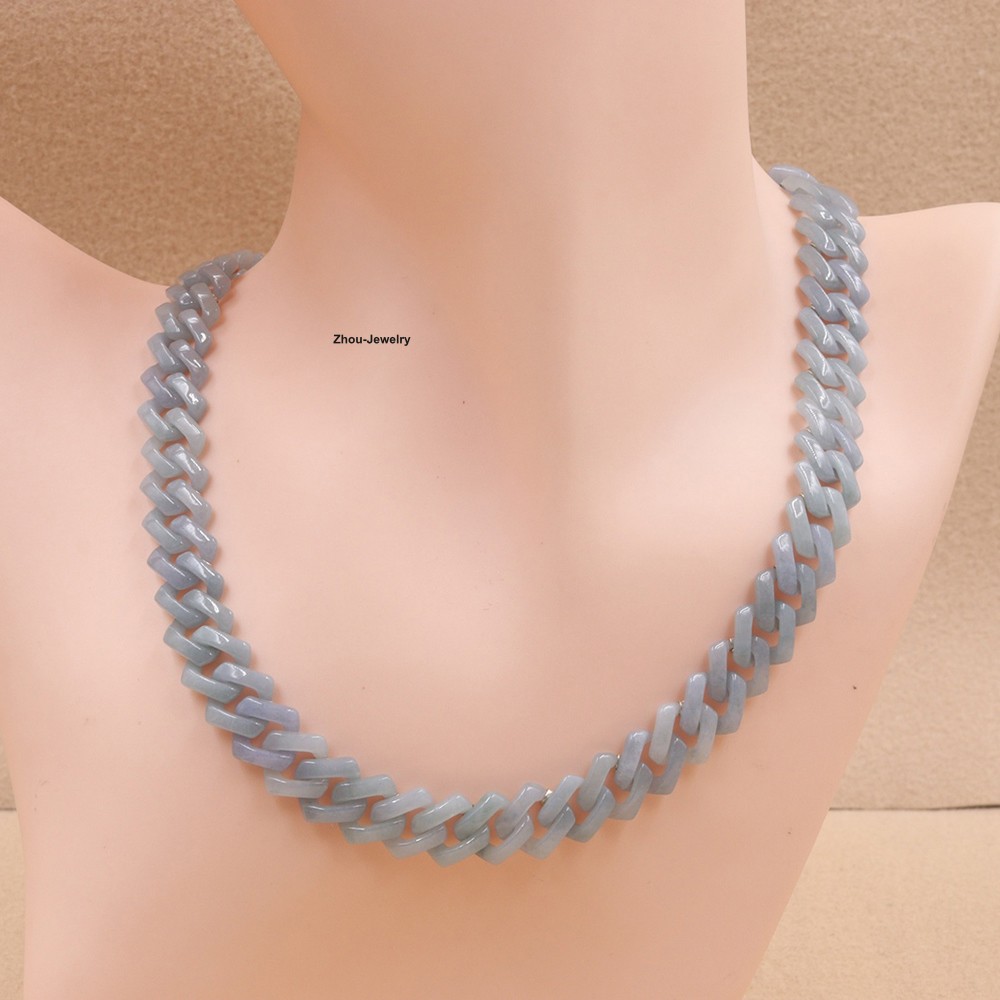 Natural Blue Water Jadeite Cuban Link Chain Necklace -Authentic Gemstone Jewelry