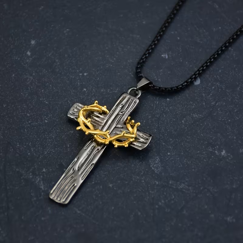 Black Christian Cross Necklace Crown of Thorns Pendant Religious Gift Jesus Mens