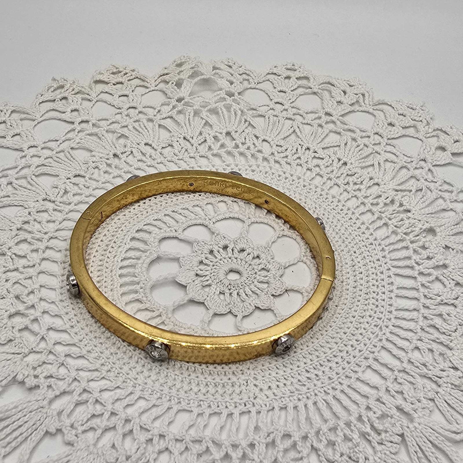 Henri Bendel Gold Tone Hinged Bangle Bracelet Rhinestone Oval size