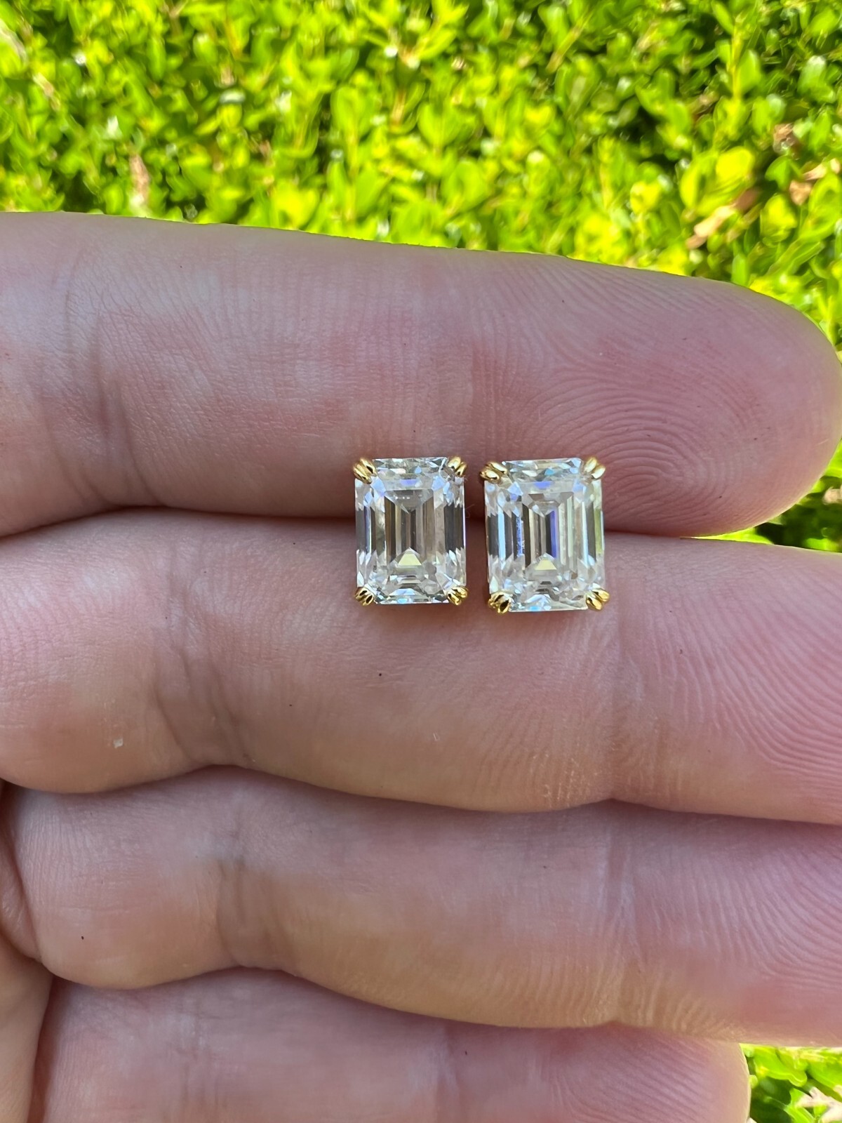 Emerald Cut Real Moissanite Solitaire Stud Earrings 14ct Gold Plated 925 Silver