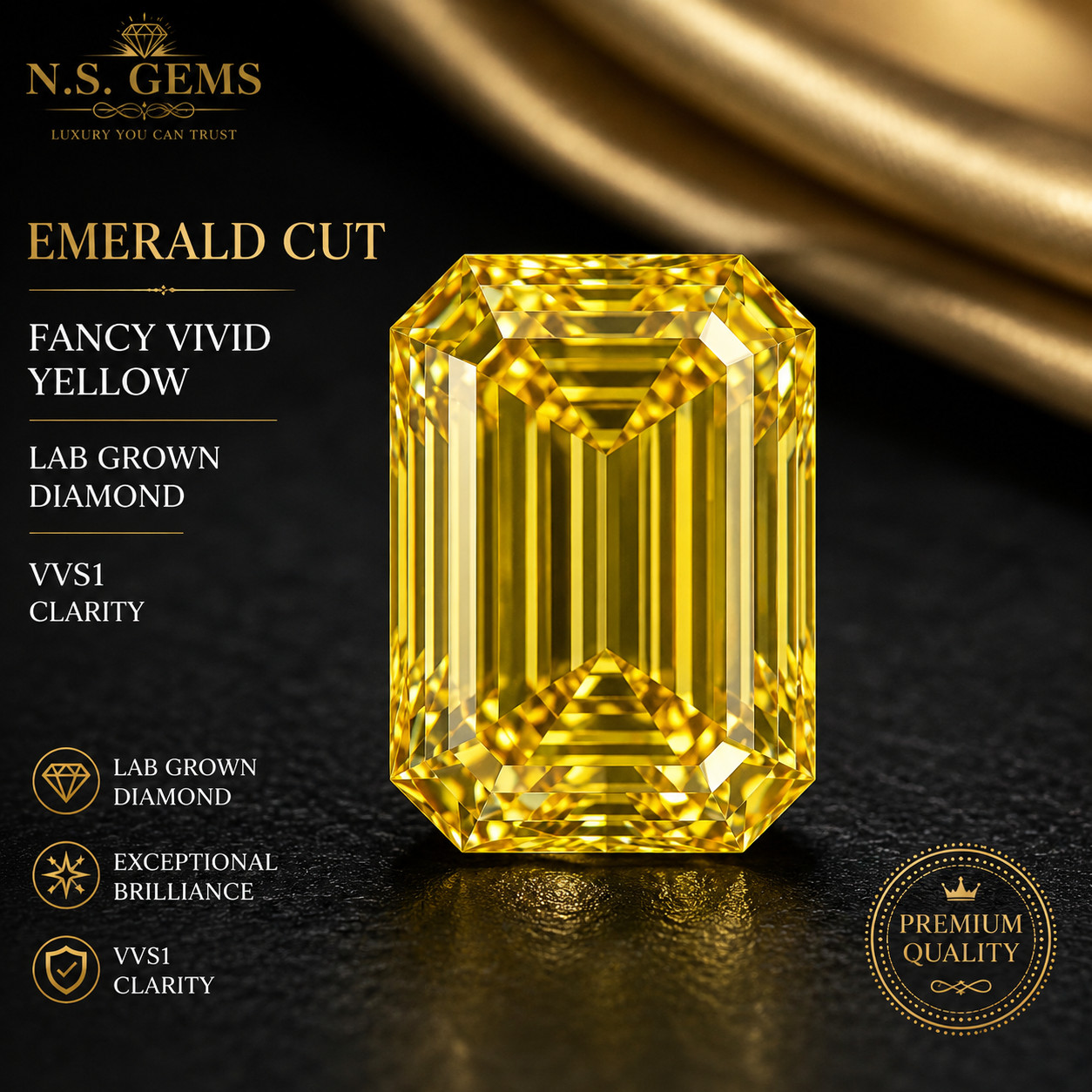 12 Ct Emerald Cut Fancy Vivid Yellow Lab Grown Diamond VVS1 Loose Gemstone.