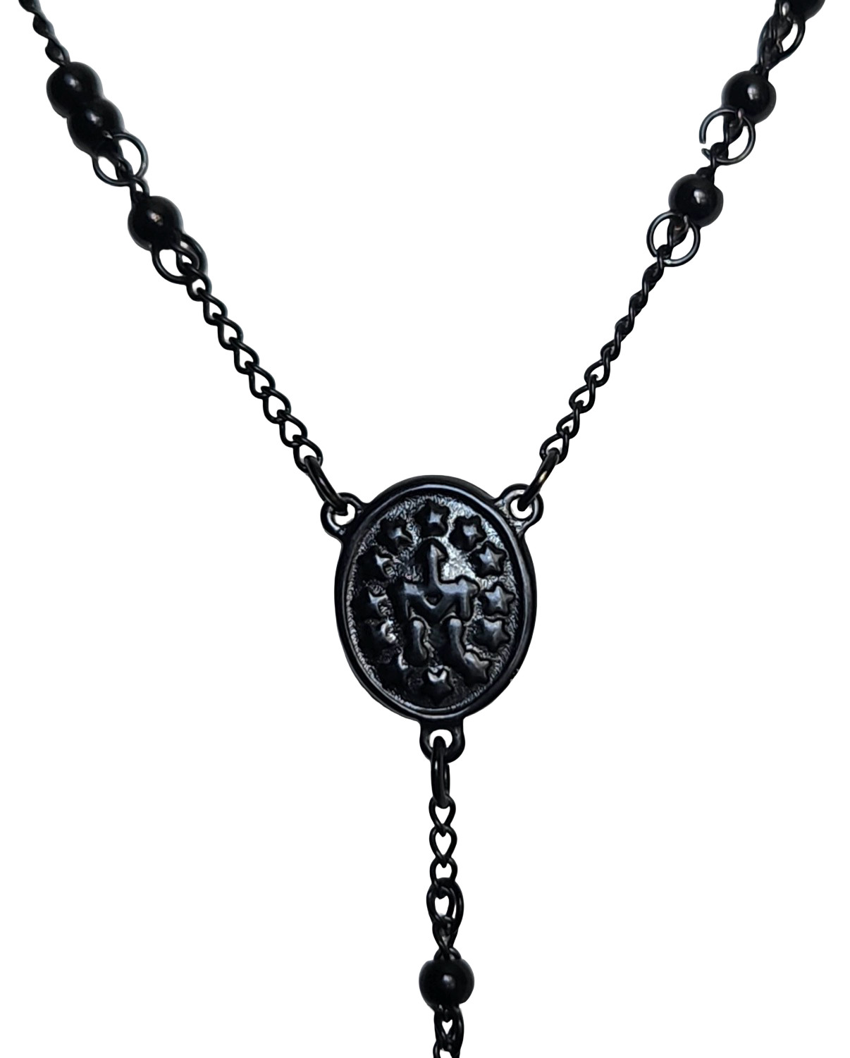 PURE LUX BLACK STAINLESS STEEL ROSARY CROSS NECKLACE – 24″