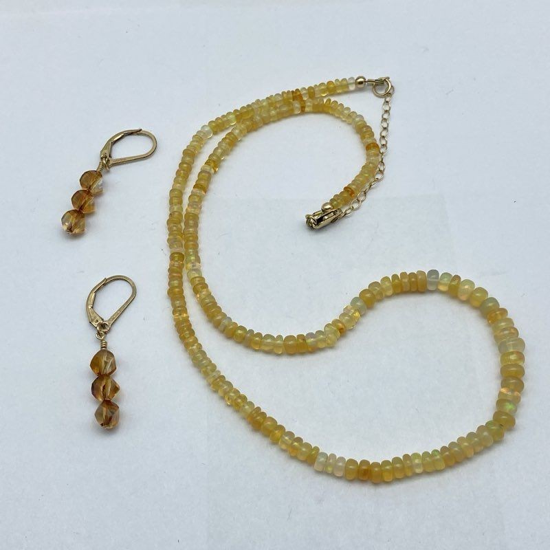 Gold Filled Ethiopian Opal Bead Necklace & Faceted Bead Earring Jewelry Set 18″