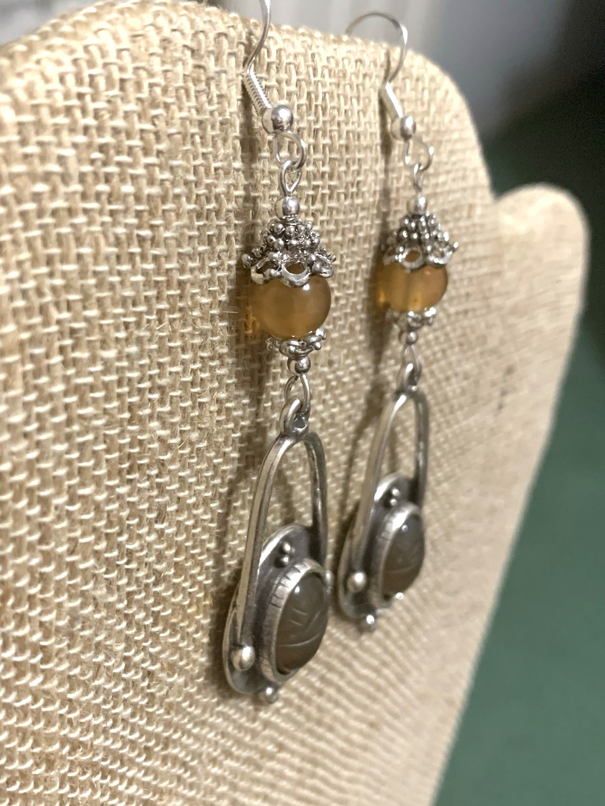 ON SALE*HANDCRAFTED EGYPT CARVED VTG. AMBER CHALCEDONY SCARAB EARRINGS-NEW.s