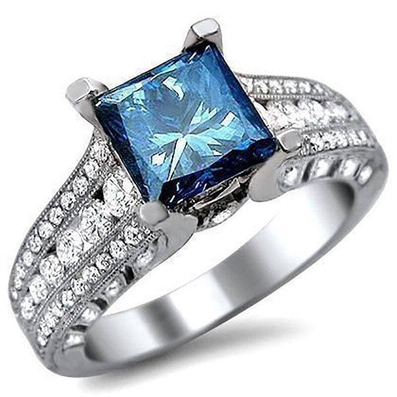 2.15 CT Blue Simulated Diamond Rings Silver Plated Bridal Valentine Gifts Ring