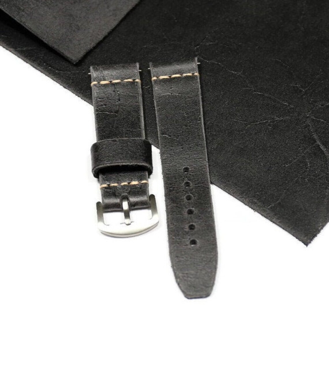 Distressed leather watch band Soft, Black watch strap 18mm 20mm 22mm 24mm