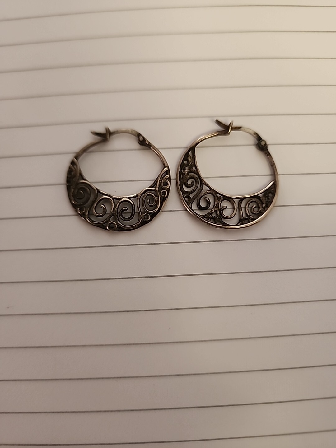 Vintage Sterling Silver 925 Filigree Half Moon Hoop Earrings English Lock