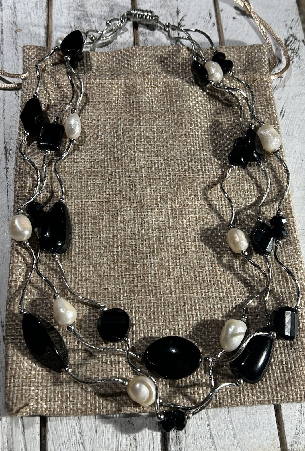 Artisan Black Crystal + Glass Bead Freshwater Pearl 3- Strand Wavy Link Necklace