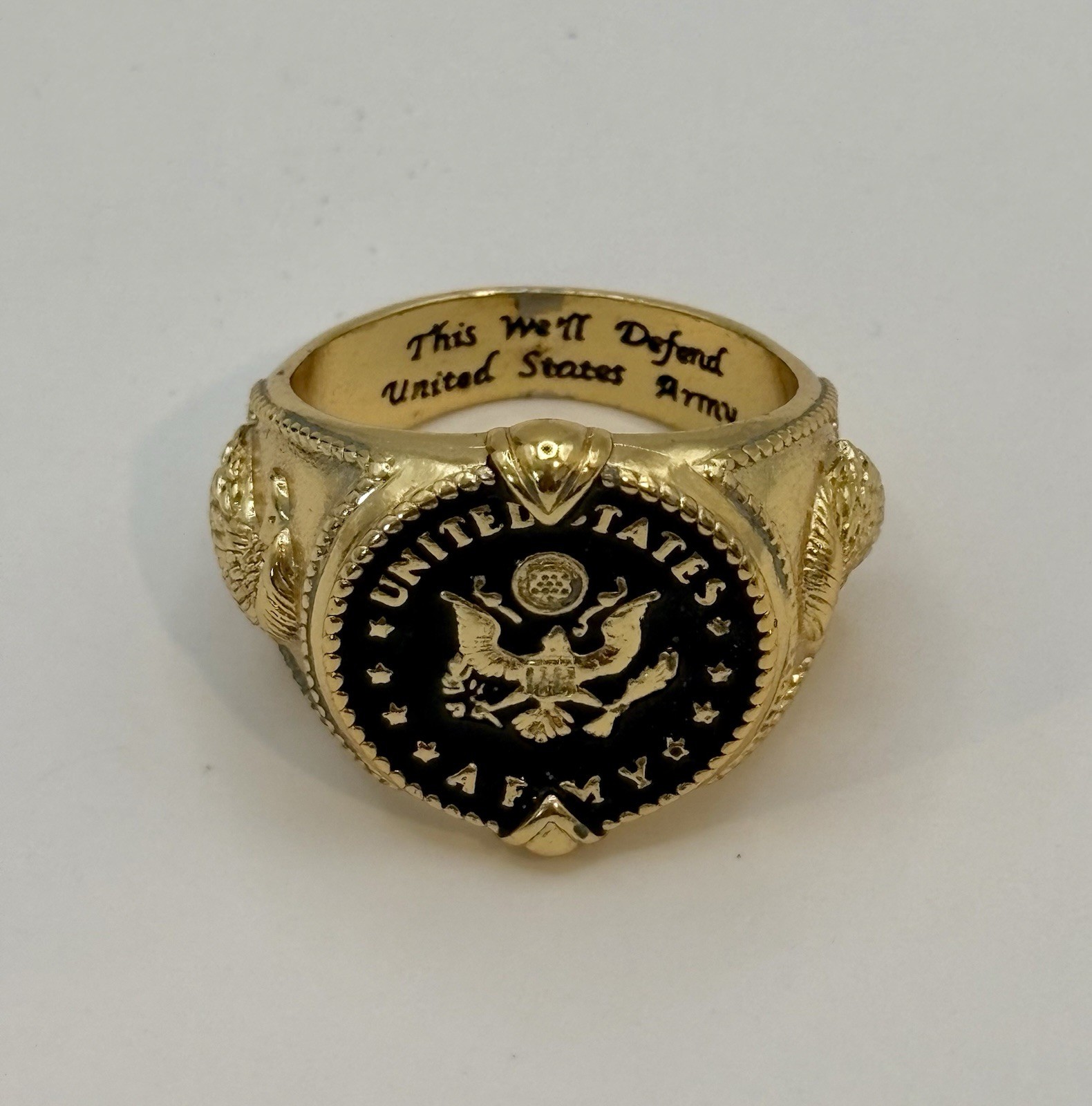 925 Sterling Silver Gold Plated United States Army Ring Black Enamel Size 10.5