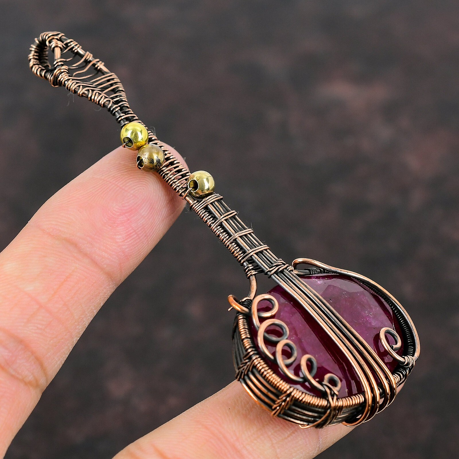 Gift For Her Copper Gemstone Jewelry Handmade Wire Wrapped Guitar Pendant 3.62″