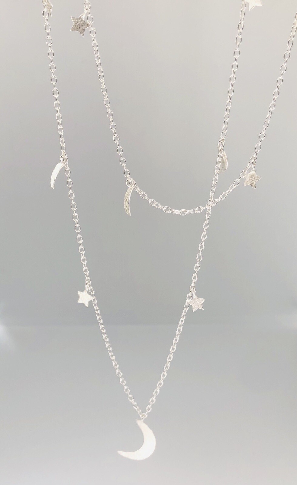 925 Sterling Silver Long Necklace With Noon Stars Brush Matte Finish