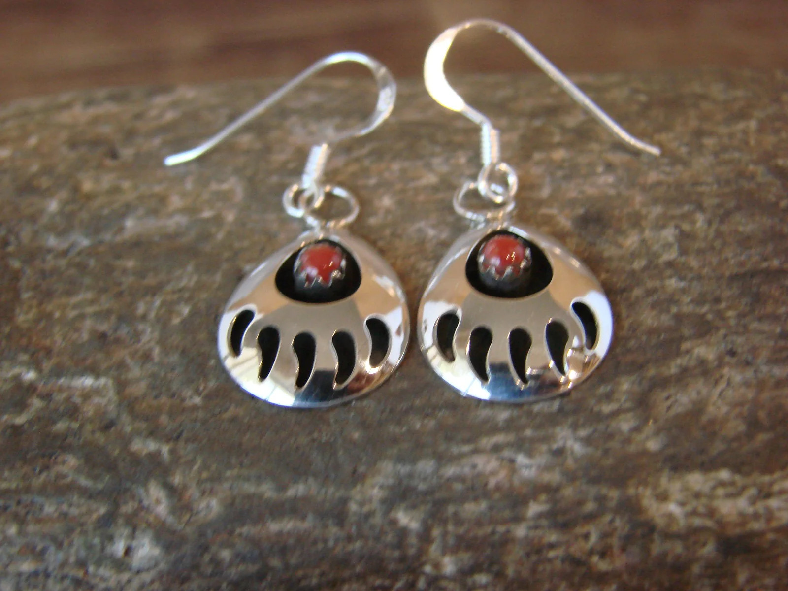 Navajo Indian Sterling Silver & Coral Bear Paw Dangle Earrings – Parker