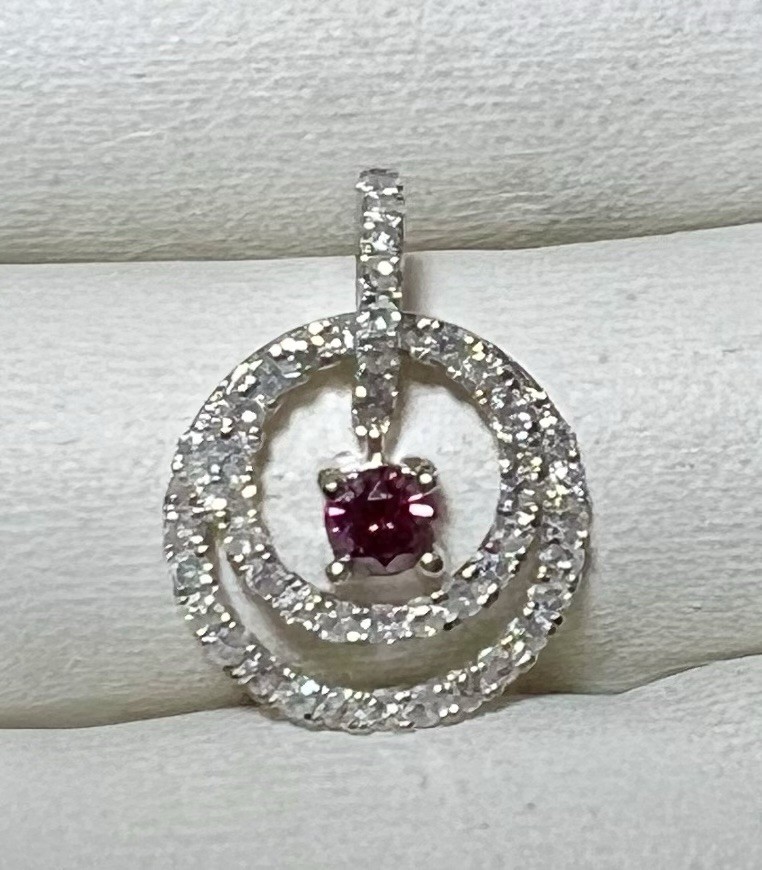 14KW Gold, Deep Purplish-Pink Sapphire & Diamond Pendant. 1.96 Gr. 3/4″x 5/8″
