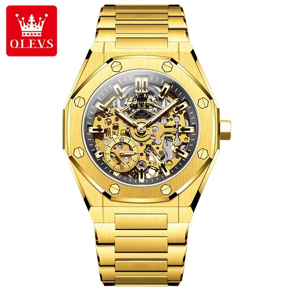 Automatic Mechanical Waterproof Watch Men Luxury OLEVS Skeleton Dial Men’s Strap