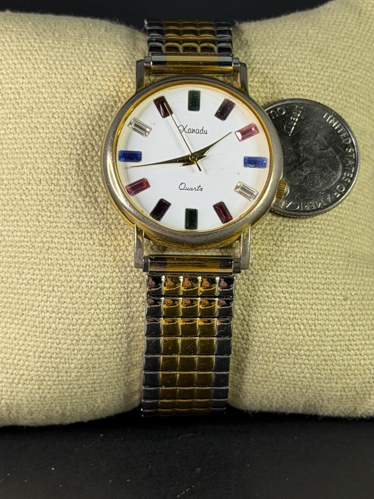 Xanadu Womens 34mm Gold Case NEW BATTERY White Rainbow Indices Expansion 753