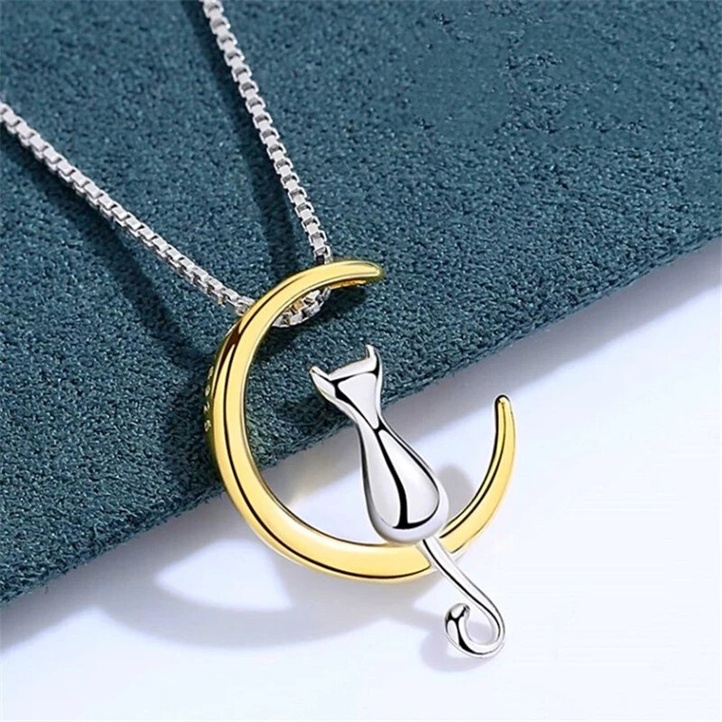 The Cat on The Moon Necklace two tone 925 sterling silver