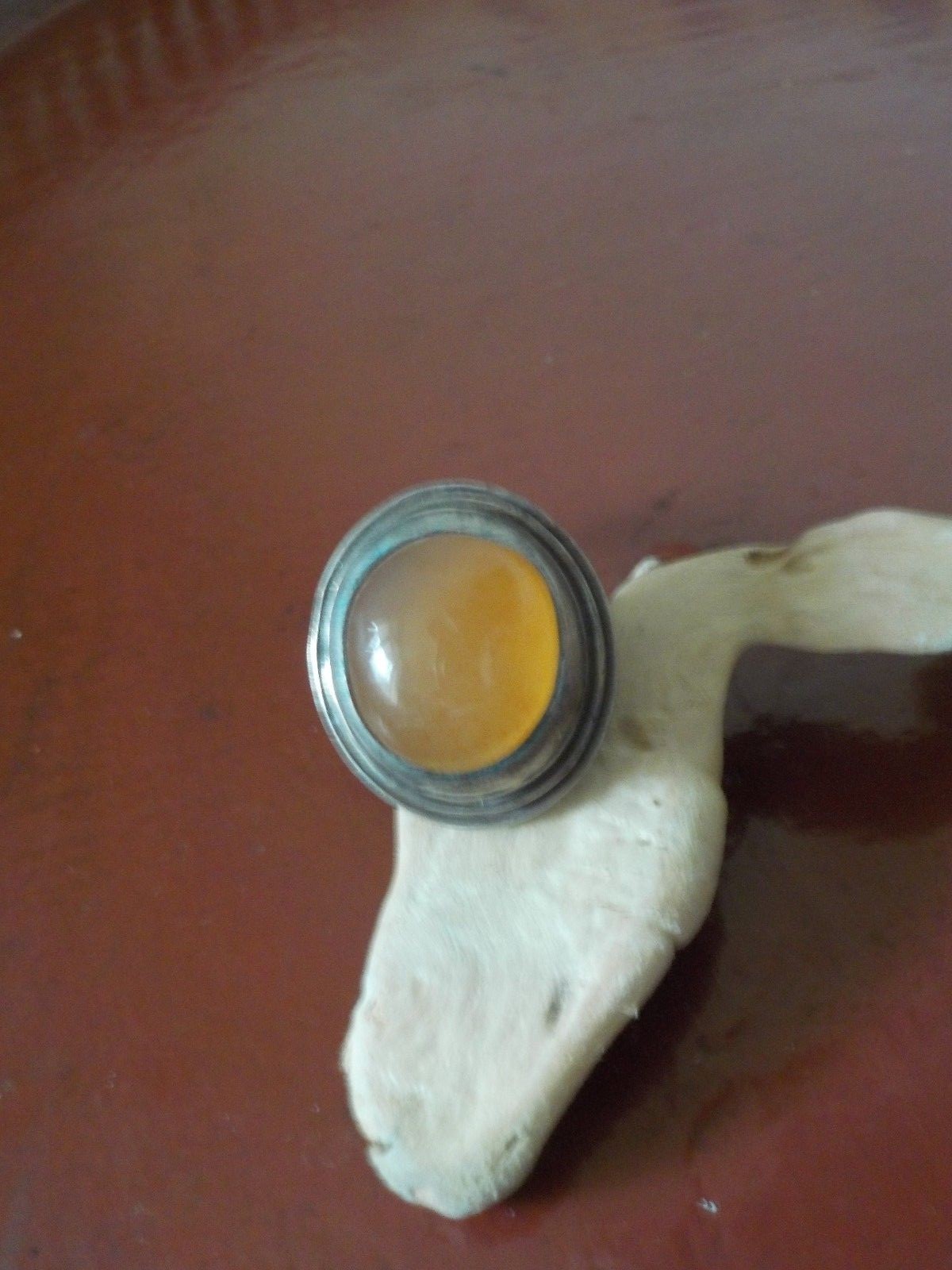 Designer Signed Amber Ring (?) Hallmarked Silver Setting Cabochon