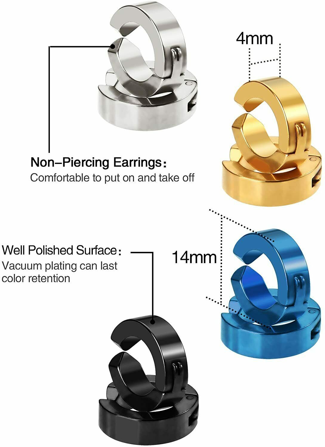 Non-Piercing Clip On Fake Mens Boy Ear Stud Cuff Hoop Earrings Stainless Steel