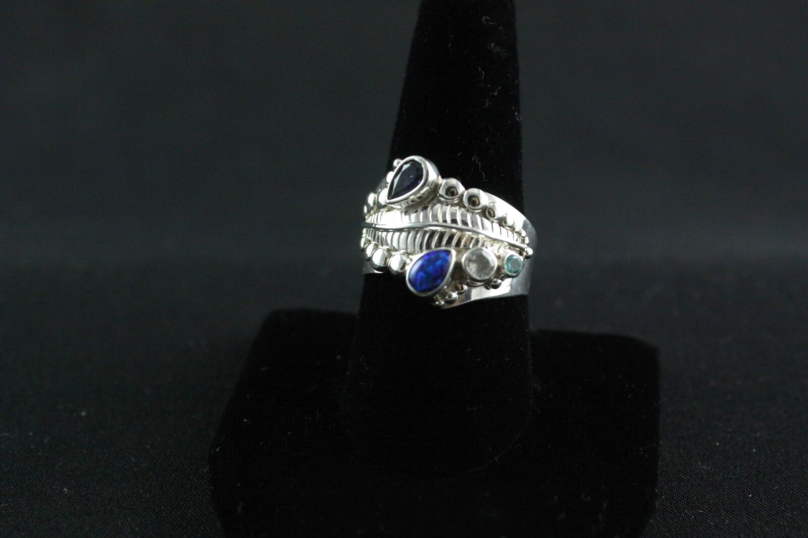 Sajen Opal, Blue Topaz, Iolite, White Topaz .925 Sterling Silver Ring Adjustable