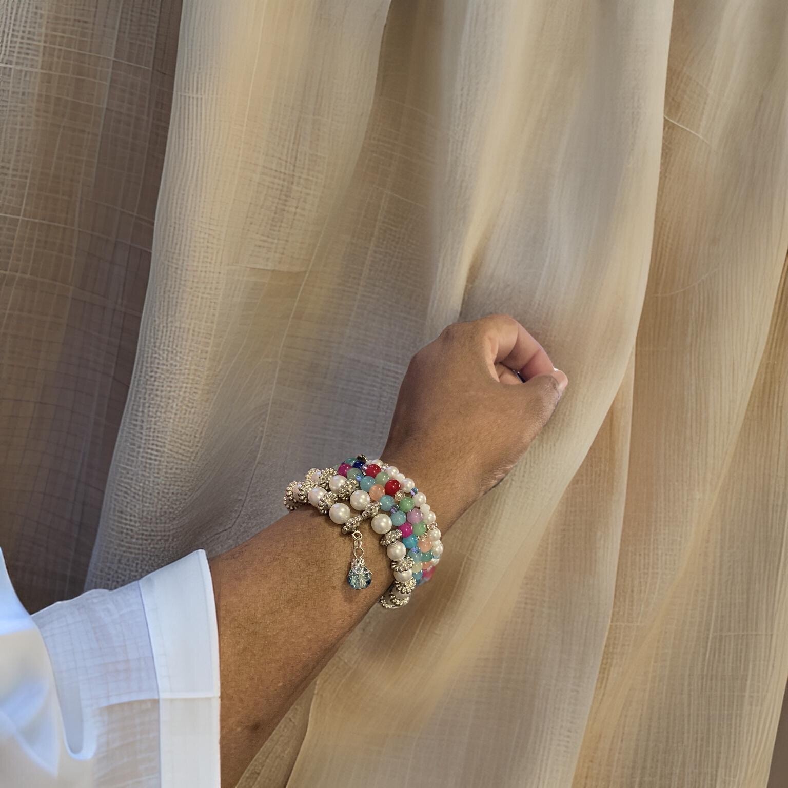 White pearl multicolor 8mm glass beads handmade Wrap Bracelet
