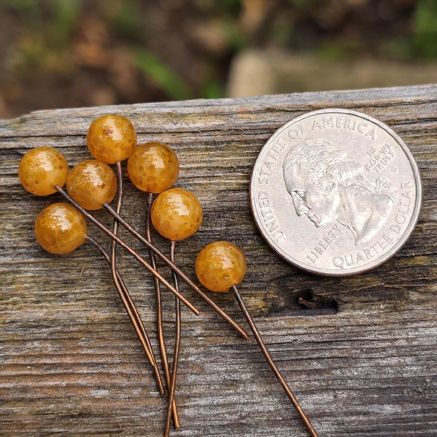 7 Vintage Honey Marigold Mottled Art Glass Embedded Wire Beads Drops Dangles