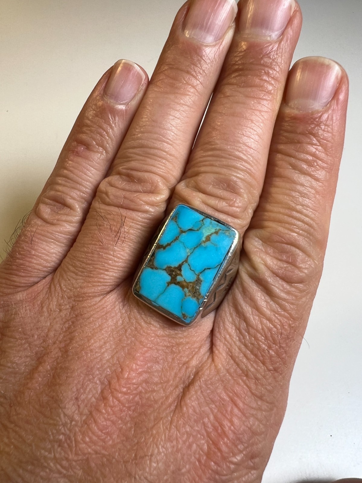 Vintage Navajo Sterling Silver & Large Rectangular Turquoise Cabochon Ring sz 11