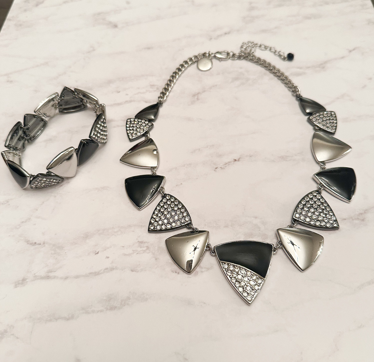 White House Black Market Pave Shields Necklace & Bracelet Set | Black & Silver
