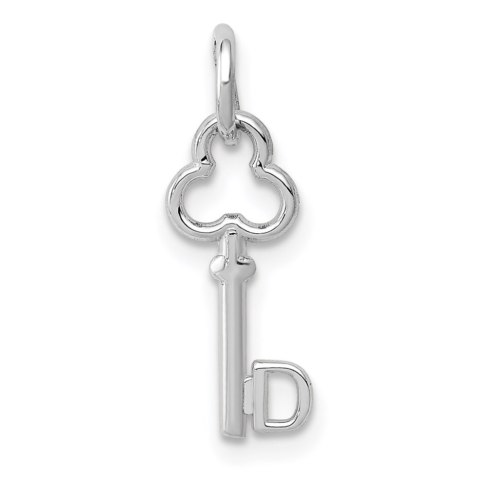 14K White Gold Key Shape Initial “D” Letter Charm Pendant L 15.53mm, W 6.88mm