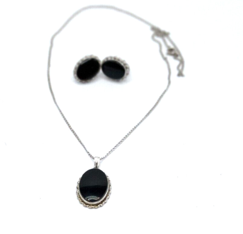 Vtg Van Dell Classic Sterling Silver Black Onyx 18 In Necklace & SB Earrings