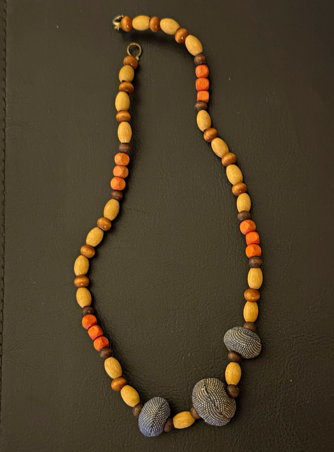 Beaded Necklace Wood & Stone Round Beads Brown Beige Gray Ball/Bead Chain