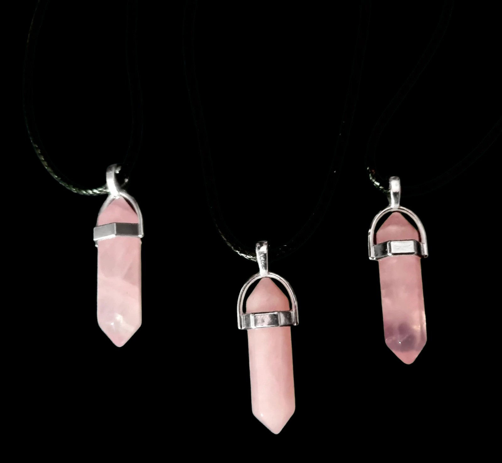 Rose Quartz Double Terminated Point Pendant Necklace on Black Cord Chain 3cm
