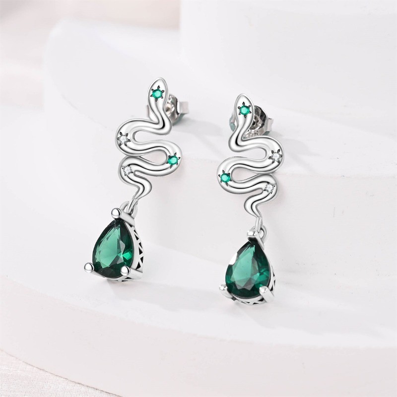 PANDACH Fashion Women 925 Sterling Silver Snake Stud Earrings with Green CZ Drop
