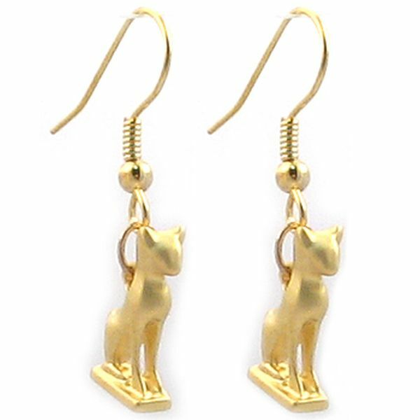 Gold Finish Egyptian Goddess Bastet Tiny Cat Earrings Charm 0.75″