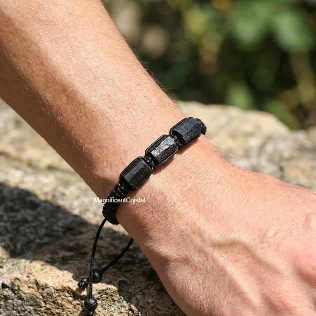 Raw Black Tourmaline Adjustable Braided Men Bracelet Natural Protection Stone