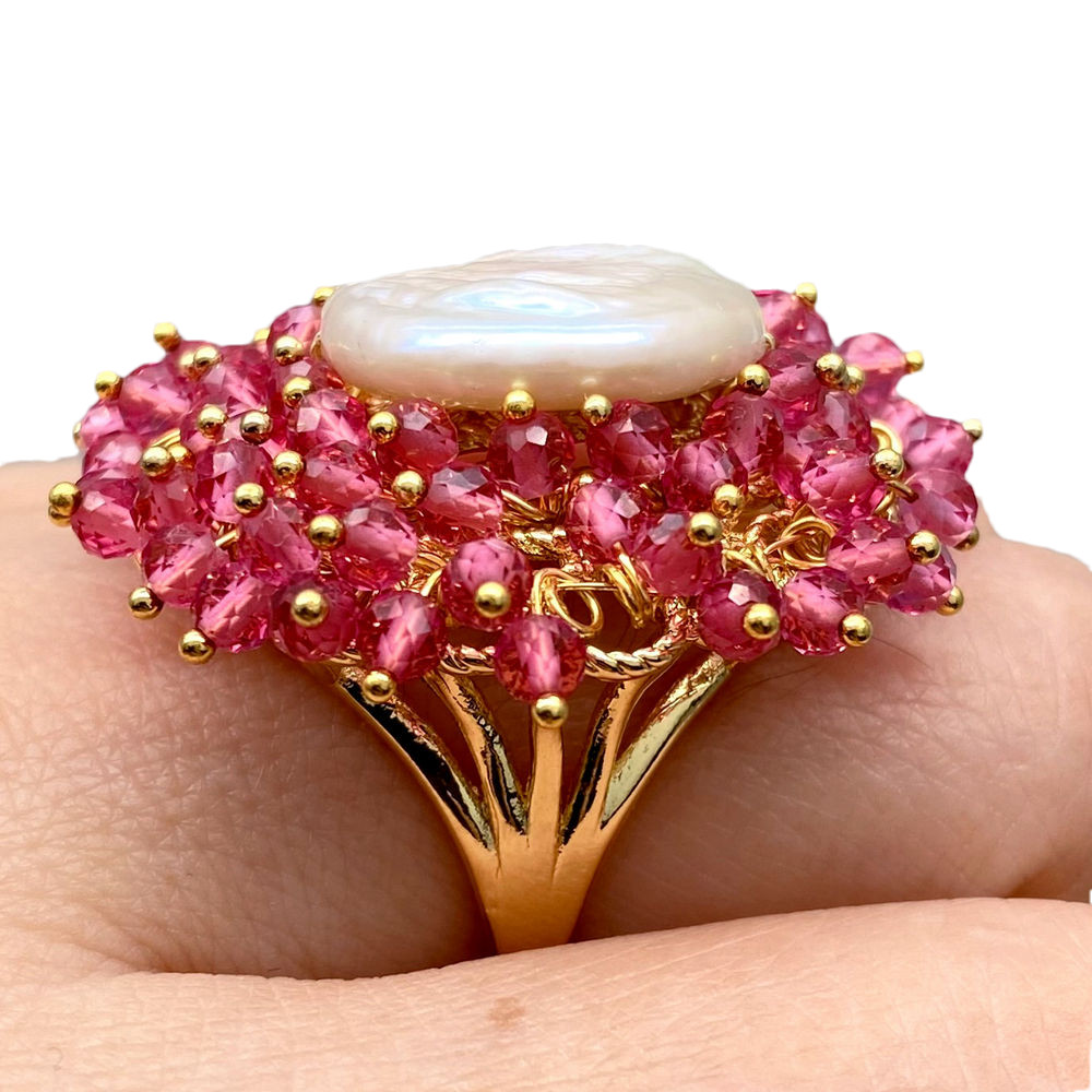 Pink Crystal White Coin Pearl Finger Rings Cocktail Adjustable Gold Tone Ring