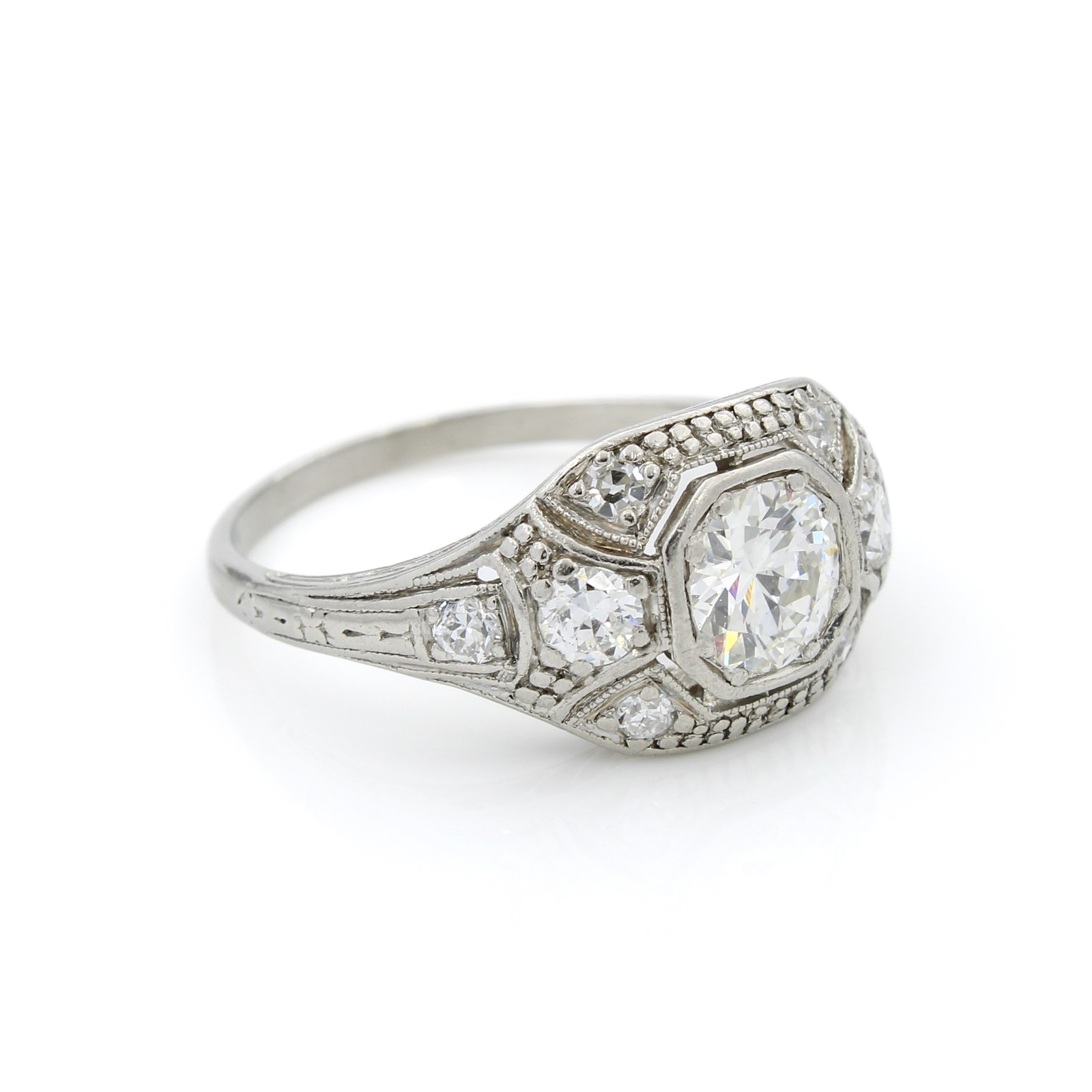 Art Deco Platinum 900 Die Struck Diamond Sz. 5 Ring #E96881-1