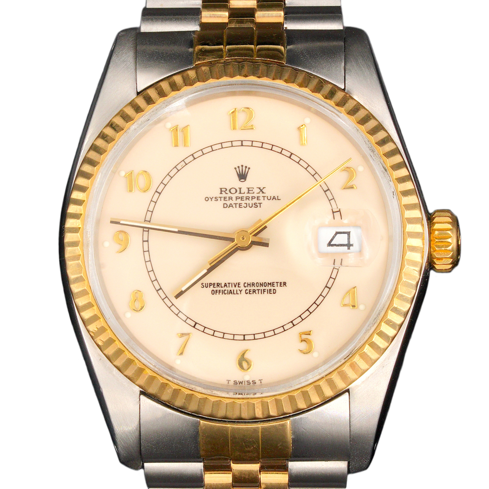 Rolex 2Tone Yellow Gold/Stainless Steel Datejust Watch Cream Arabic Dial 16013