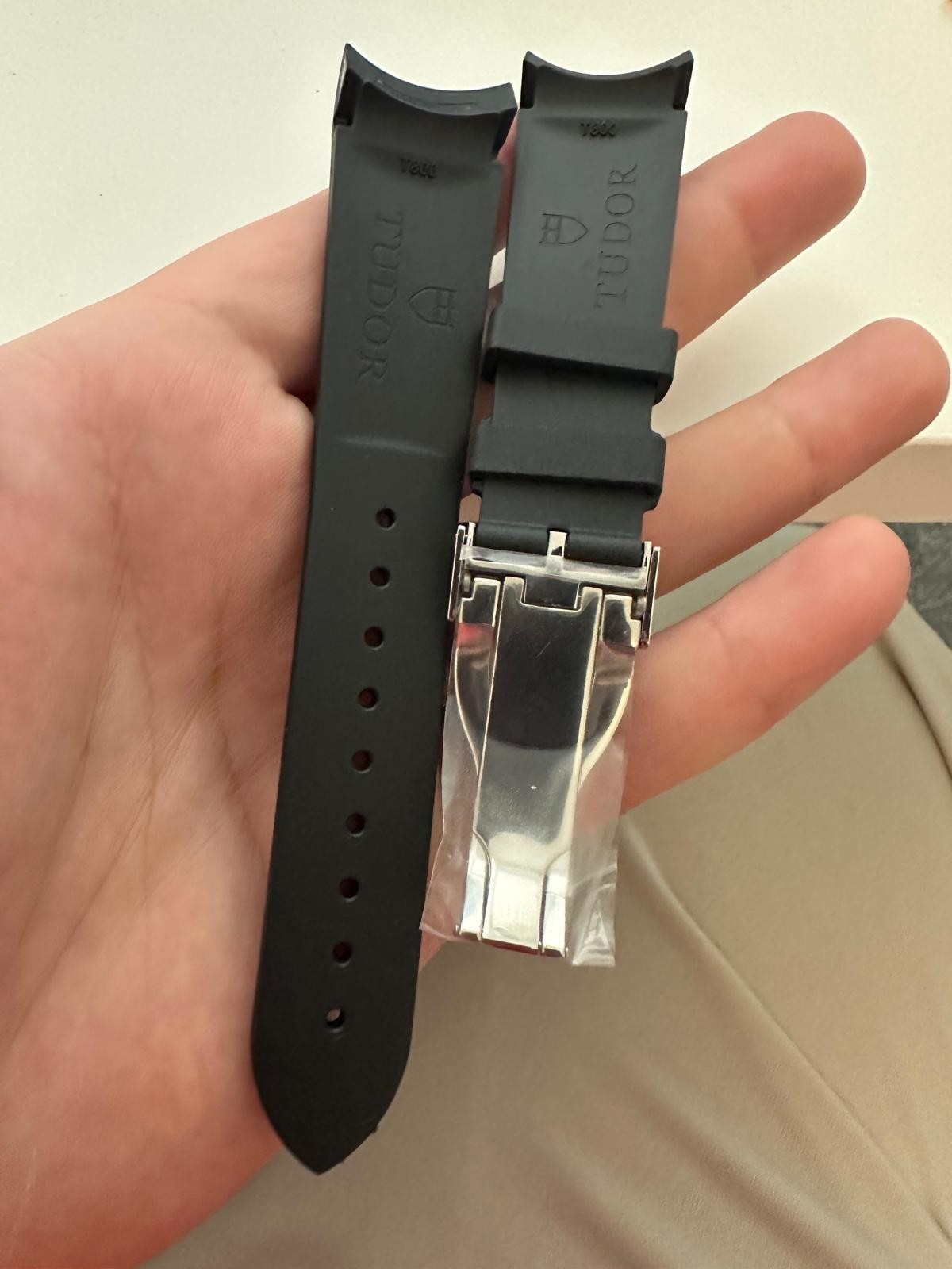 22mm tudor strap Black rubber watch band silver deployment