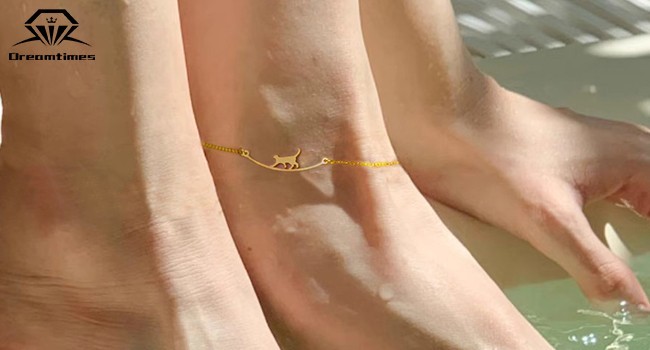 Adjustable Cat Foot Chain Anklet for Women Gold Tone Animal Charm Beach