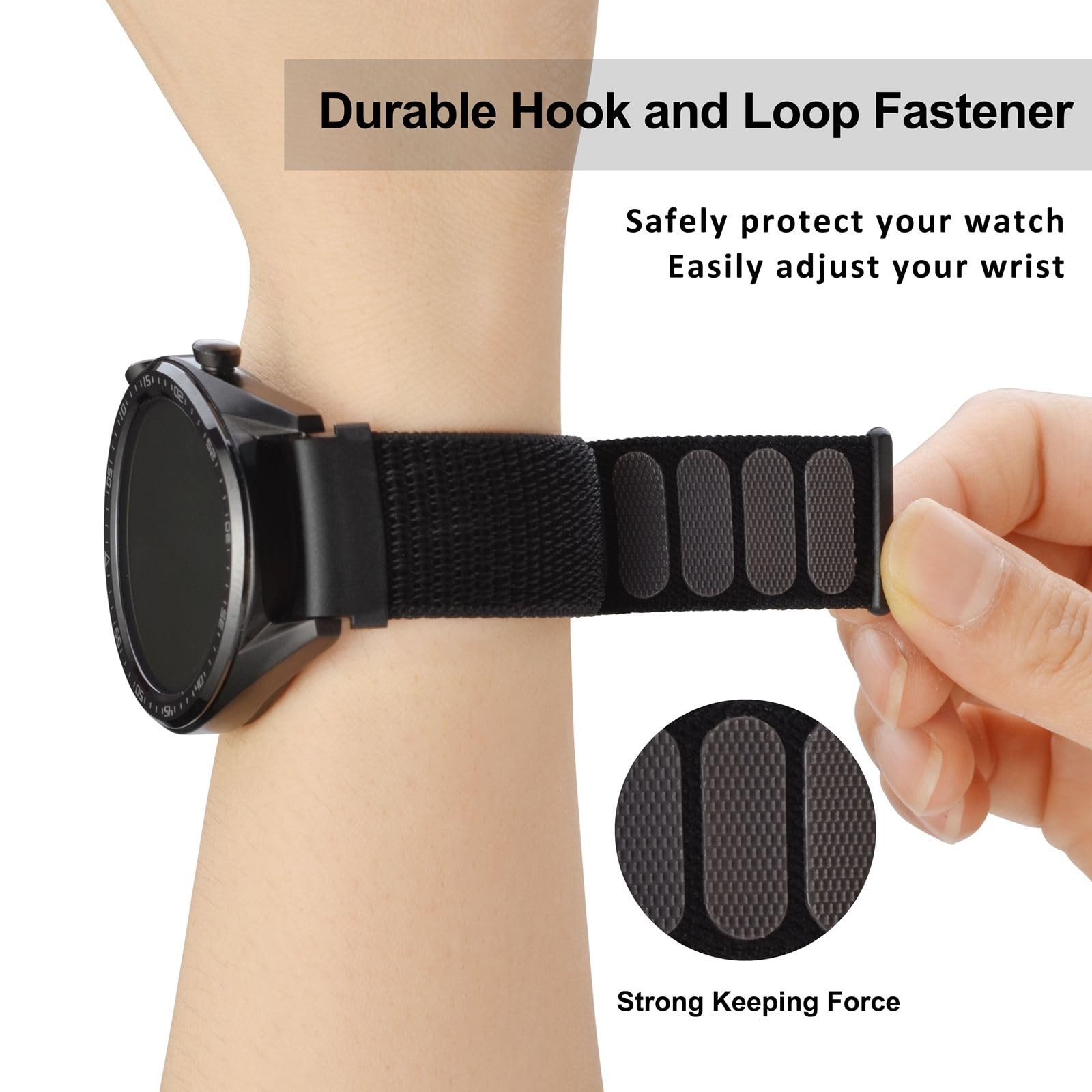 WOCCI 20mm Adjustable Nylon Watch Band, Quick Release Sport Loop Strap Black
