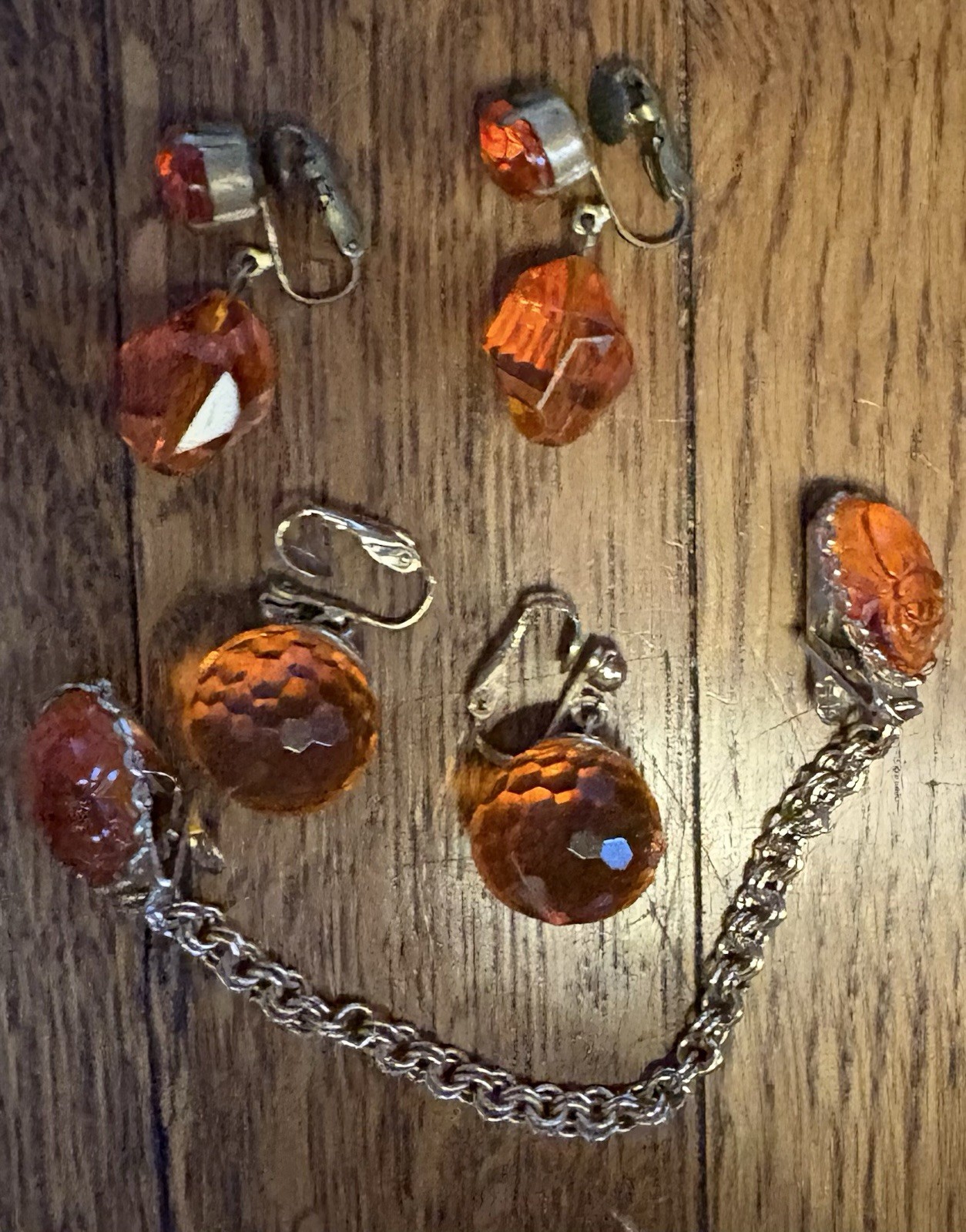 60s Mod Vintage UV GLOWS Neon Orange Clear Lucite Costume Jewelry Lot Clips 3P
