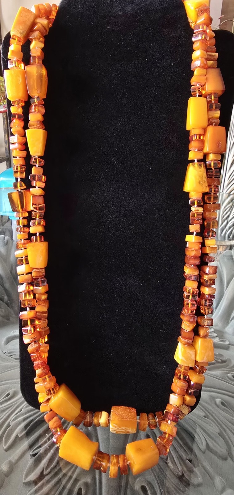 VTG GENUINE BALTIC EGG YOLK & HONEY AMBER BEADED NECKLACE 152 Grams☆ART DECO☆70″