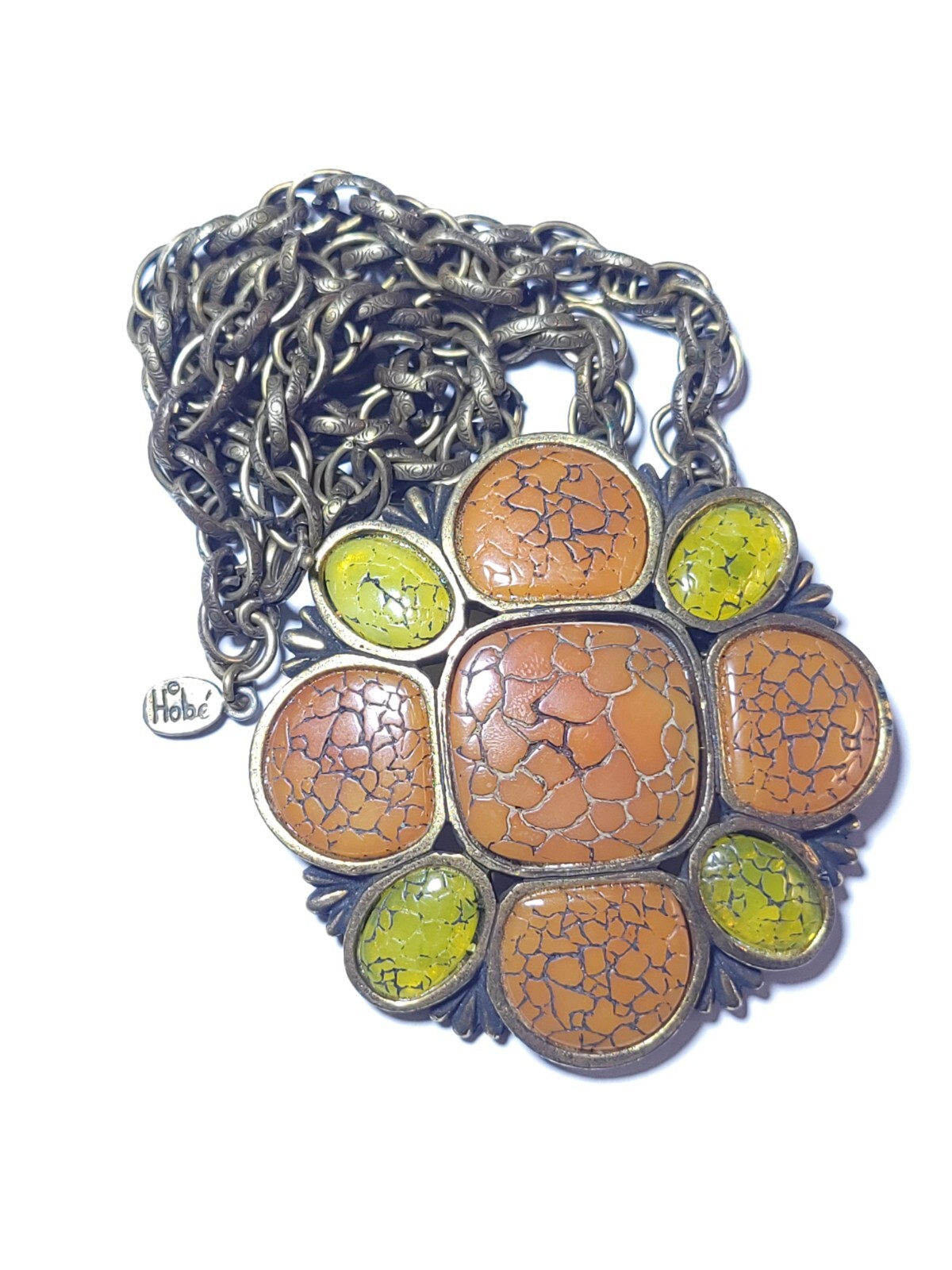 Hobé Vintage Necklace Orange Lime Green Thermoplastic Amulet Pendant 16″ Chain