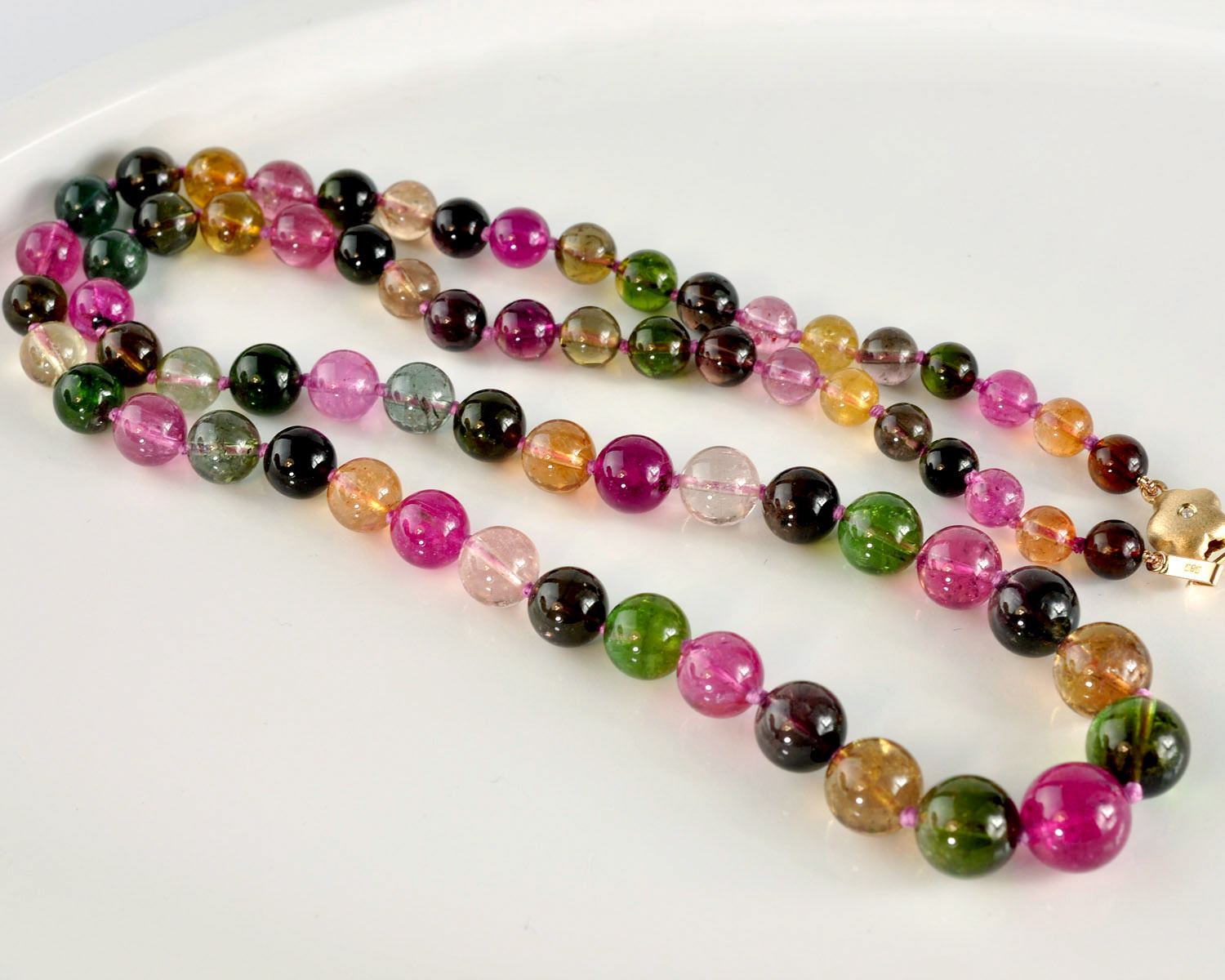 6.2mm-10.7mm Tourmaline Smooth Round Globe Bead Necklace 14K Diamond clasp