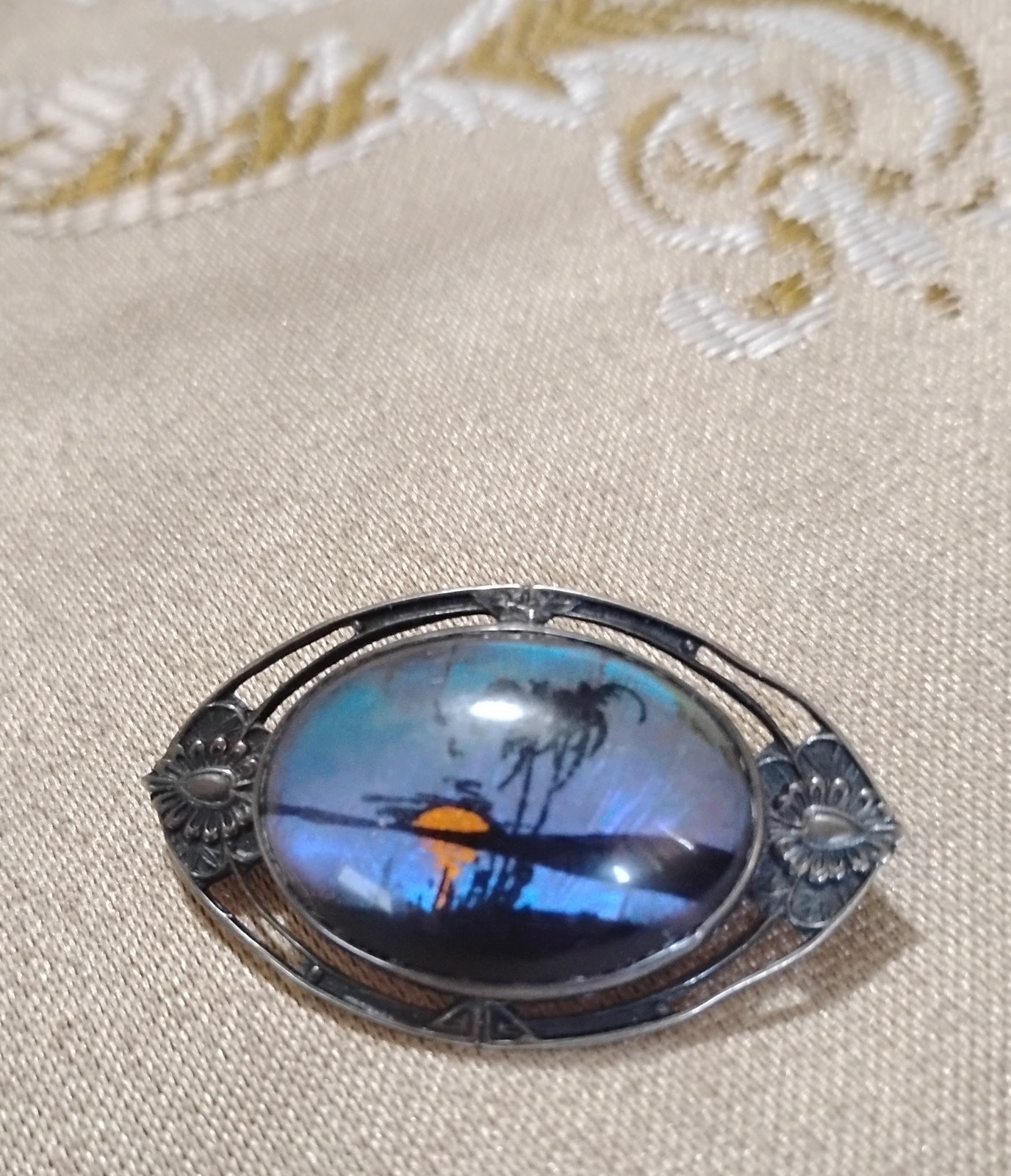 Hoffman Sterling Silver reverse-painted palm tree/ Blue Morpho butterfly wing