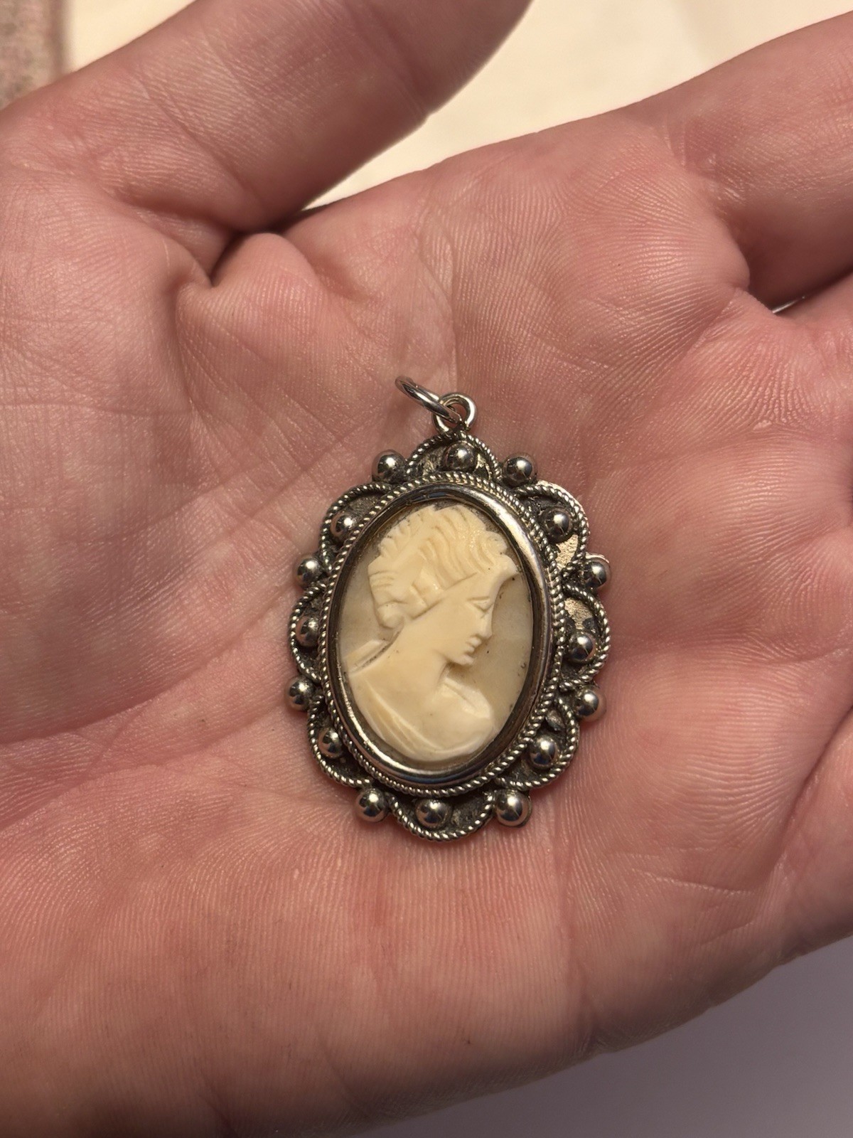Silver Tone Shell Cameo Pendant